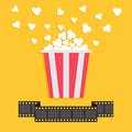 Popcorn. Film strip ribbon line. Red yellow box. Cinema movie night icon in flat design style. Royalty Free Stock Photo