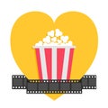 Popcorn. Film strip ribbon line. Red yellow box. Heart shape. I love movie cinema night icon in flat design style. Yellow Royalty Free Stock Photo