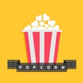 Popcorn. Film strip ribbon line with text. Red white box container. Cinema movie night icon in flat design style. Yellow Royalty Free Stock Photo