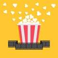 Popcorn. Film strip ribbon. Red yellow box. Cinema movie night icon in flat design style.