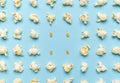 Popcorn flakes and corn kernels aligned on a blue background Royalty Free Stock Photo