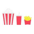 Popcorn. French fries potato in a paper wrapper box. Soda drink glass with straw. Fried potatoes. Movie Cinema icon set. Fast food Royalty Free Stock Photo