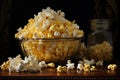 Popcorn in a glass bowl on a wooden background. Close-up, Recreation artistic still life of popcorn opend and closed in a bowl