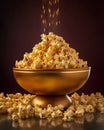 Popcorn in a golden bowl on a dark background. 3d rendering