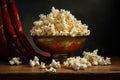 Popcorn in a golden bowl on a wooden table, dark background, Recreation artistic still life of popcorn in a bowl, AI Generated