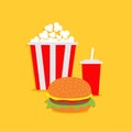 Popcorn, hamburger, soda with straw. Cinema icon in flat dsign style.