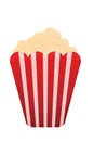 Popcorn highlighted on a white background. A light snack. A large red and white striped box. Vector illustration