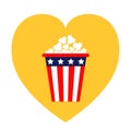 Popcorn icon. Heart shape. I love movie cinema icon. Flat design. American flag Stars and strips. Red and blue color. Happy Royalty Free Stock Photo