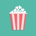 Popcorn icon. Red white red strip box. Pop corn food. Cinema movie night. Cute movie cinema banner decoration template. Flat