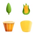 Popcorn icons set cartoon vector. Corn cob and popcorn basket