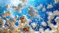 Popcorn kernels afloat against a serene blue background.