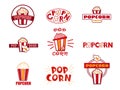 Popcorn logo. Cartoon retro cinema snacks label design. Movie premiere food badges template for branding. Isolated