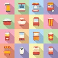 Popcorn maker machine icons set flat vector. Cinema corn