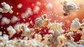 Popcorn in motion, with a vibrant red bokeh effect backdrop. Royalty Free Stock Photo