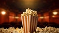 Popcorn for movie, cinema. Popcorn fast food in bucket isolated on cinema background. Banner pop corn salty cheese food snack.