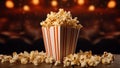 Popcorn for movie, cinema. Popcorn fast food in bucket isolated on cinema background. Banner pop corn salty cheese food snack.