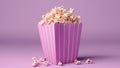 Popcorn for movie, cinema. Popcorn in pink bucket isolated on purple background. Banner pop corn salty cheese fast food snack Royalty Free Stock Photo