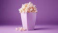 Popcorn for movie, cinema. Popcorn in pink bucket isolated on purple background. Banner pop corn salty cheese fast food snack Royalty Free Stock Photo