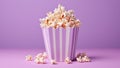 Popcorn for movie, cinema. Popcorn in pink bucket isolated on purple background. Banner pop corn salty cheese fast food snack Royalty Free Stock Photo