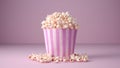 Popcorn for movie, cinema. Popcorn in pink bucket isolated on purple background. Banner pop corn salty cheese fast food snack Royalty Free Stock Photo