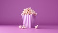 Popcorn for movie, cinema. Popcorn in pink bucket isolated on purple background. Banner pop corn salty cheese fast food snack Royalty Free Stock Photo