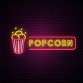 Popcorn neon sign. Glowing neon Popcorn emblem. Snack icon