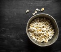 Popcorn in an old pot. Royalty Free Stock Photo