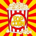 Popcorn in paper striped bucket. Illustration of snack food in cartoon style. Royalty Free Stock Photo