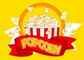 Popcorn in paper striped bucket. Illustration of snack food in cartoon style. Royalty Free Stock Photo