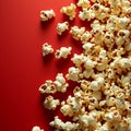 Popcorn on a red background with text space available. Created using ai generative. Royalty Free Stock Photo