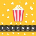 Popcorn popping. Big film strip line with text. Red white box. Cinema movie night icon in flat design style. Yellow background. Royalty Free Stock Photo