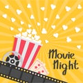 Popcorn popping. Big movie reel. Ticket Admit one. Three star. Cinema movie icon in flat design style. Film strip border. Red yell Royalty Free Stock Photo