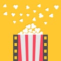 Popcorn popping. Film strip line. Pop corn. Red white box. Cinema movie night icon. Poster template. Flat design style. Yellow Royalty Free Stock Photo