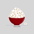 Popcorn and red bowl vector illustration on gray background. Royalty Free Stock Photo