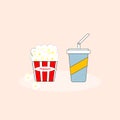Popcorn in red striped bucket and Soft Drink on Pink Background.Vector Illustration. Cinema Movie Entertainment