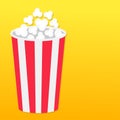 Popcorn round box. Left side template. Movie Cinema icon in flat design style. Pop corn popping. Yellow gradient background. Fast Royalty Free Stock Photo