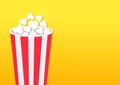 Popcorn round box. Movie Cinema icon in flat design style. Pop corn popping. Left side template. Empty space. Yellow gradient back Royalty Free Stock Photo