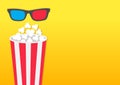 Popcorn round box. Movie Cinema icon in flat design style. Pop corn popping. Left side template. Empty space. Yellow gradient back Royalty Free Stock Photo