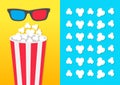 Popcorn round bucket box. 3D red blue glasses. Movie Cinema icon in flat design style. Pop corn popping pattern. Blue Yellow backg