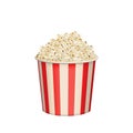 Popcorn round bucket cup. Realistic vector cinema heaped pop corn paper bowl red white box. Movie snack. Isolated illustration