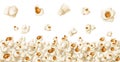Popcorn seamless border. Realistic flying salted corn flakes background, cinema snacks frame, 3d party fast food
