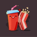Popcorn and soda. character of popcorn kissing soda cup. movie l