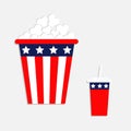 Popcorn Soda straw icon. Cinema icon in flat design style. American flag Stars and strips. Isolated. Red and blue color. White bac Royalty Free Stock Photo