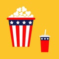 Popcorn Soda straw icon. Cinema icon in flat design style. American flag Stars and strips. Isolated. Red and blue color. Yellow ba Royalty Free Stock Photo