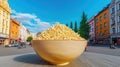 Popcorn, street fast food, on background of city in plate. AI generated. Royalty Free Stock Photo