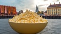 Popcorn, street fast food, on background of city in plate. AI generated. Royalty Free Stock Photo
