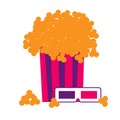 Popcorn in a striped box with 3D glasses. Icon for a cinema. Watching films. White background Royalty Free Stock Photo