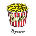 Popcorn in striped box, hand drawn doodle
