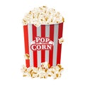 Popcorn in striped bucket box isolated on white background. Flat vector illustration EPS 10