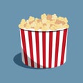 Popcorn striped bucket full of popcorn. Vector Illustration. Cinema food on the blue background Royalty Free Stock Photo